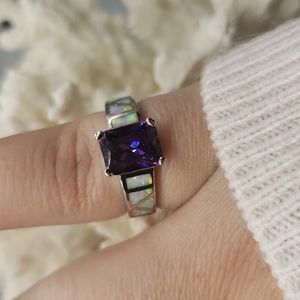 Amethyst and white opal ring